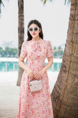 43029H35 - Đầm xoè cổ buộc nơ- silk cam hoa