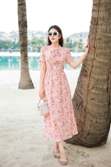 43029H35 - Đầm xoè cổ buộc nơ- silk cam hoa