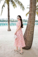 43029H35 - Đầm xoè cổ buộc nơ- silk cam hoa