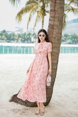 43029H35 - Đầm xoè cổ buộc nơ- silk cam hoa