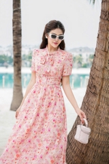 43029H35 - Đầm xoè cổ buộc nơ- silk cam hoa