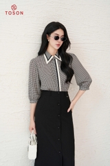 12020K95 - Áo kẻ đen trắng lụa silk cổ đức
