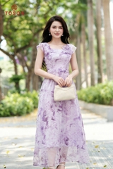 48089 - Đầm tơ xoè xếp bèo cuốn bông hoa
