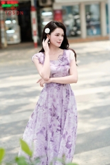 48089 - Đầm tơ xoè xếp bèo cuốn bông hoa