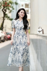 43050H95 - Đầm tơ hoa cổ đức dáng xòe