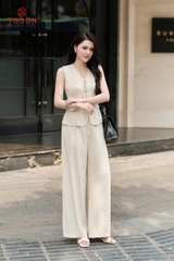 B1221 - Bộ linen be kẻ: Áo gile + Q suông