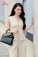 B1221 - Bộ linen be kẻ: Áo gile + Q suông