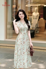 43058X95 - Đầm tơ xanh in hoa cổ nhún bèo