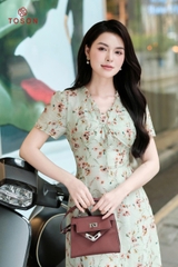 43058X95 - Đầm tơ xanh in hoa cổ nhún bèo