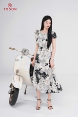 49064H05 - Đầm xòe lụa silk họa tiết hoa đỏ