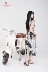 49064H05 - Đầm xòe lụa silk họa tiết hoa đỏ
