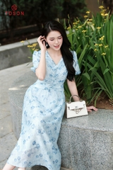 48070H95 - Đầm xoè tơ xanh xếp nhún eo