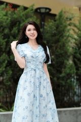 48070H95 - Đầm xoè tơ xanh xếp nhún eo