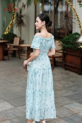 48067H65 - Đầm xòe tơ hoa xanh trễ vai
