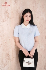 11063K65 - Áo croptop cổ đức kẻ xanh đính T.trí