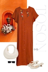 46092C35 - Đầm suông linen cam thêu hoa