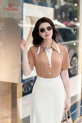 12006N95 - Áo cổ đức lụa nâu phối be kem