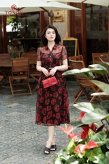 43026H35 - Đầm xòe cổ đức, tơ in hoa hồng đỏ