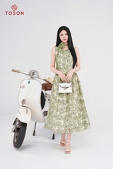 48077X95 - Đầm xòe tơ hoa xanh, eo thắt nơ hoa