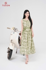 48077X95 - Đầm xòe tơ hoa xanh, eo thắt nơ hoa