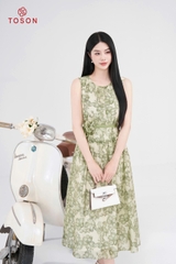48077X95 - Đầm xòe tơ hoa xanh, eo thắt nơ hoa