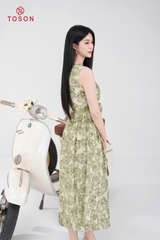 48077X95 - Đầm xòe tơ hoa xanh, eo thắt nơ hoa