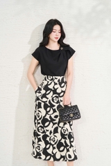 14039B95 - Áo lụa đen vai chờm xếp ly