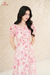 43039H95 - Đầm tơ xòe hoa hồng cổ V lệch