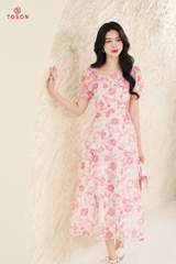 43039H95 - Đầm tơ xòe hoa hồng cổ V lệch