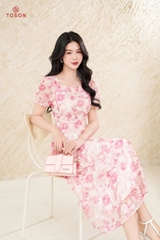 43039H95 - Đầm tơ xòe hoa hồng cổ V lệch