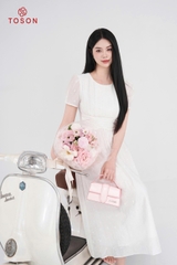 44068W95 - Đầm xoè tơ trắng eo xếp nhún