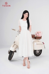 44068W95 - Đầm xoè tơ trắng eo xếp nhún