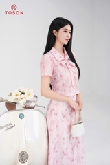 B1323H95 - Bộ tơ hồng in hoa: Áo cổ nơ + CV xòe