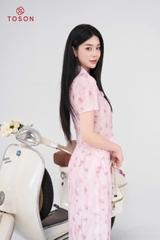 B1323H95 - Bộ tơ hồng in hoa: Áo cổ nơ + CV xòe