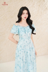 48067H65 - Đầm xòe tơ hoa xanh trễ vai