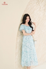 48067H65 - Đầm xòe tơ hoa xanh trễ vai