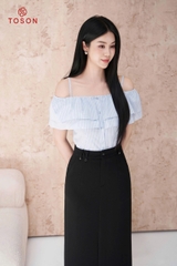 14069K95 - Áo thô đũi kẻ xanh trễ vai