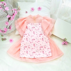 Áo dài cách tân cho bé 8-20kg chất tăm nhung cao cấp BBShine, Áo dài bé gái họa tiết hoa nhí tay bồng xinh xắn – AD007