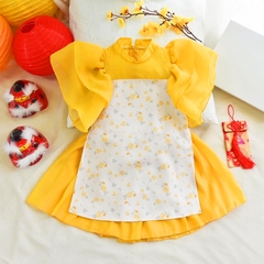 Áo dài cách tân cho bé 8-20kg chất tăm nhung cao cấp BBShine, Áo dài bé gái họa tiết hoa nhí tay bồng xinh xắn – AD007