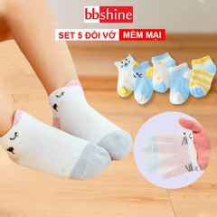 Tất cho bé gái và bé trai 0-2 tuổi chất cotton co giãn tốt BBShine, Set 5 tất lưới cho bé họa tiết hình mèo nhiều màu sắc đáng yêu – T002