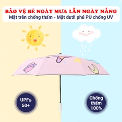 Ô gấp gọn tán rộng cán dài cao cấp BBShine, Dù che mưa nhiều hoạ tiết đáng yêu cho bé - AM017