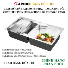 Chậu rửa chén đôi inox 304 Rapido RS-824523