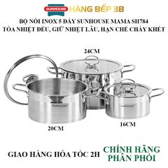 Bộ 3 nồi Inox 5 đáy Sunhouse SH784