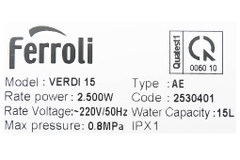 Máy nước nóng gián tiếp Ferroli VERDI-AE 15L