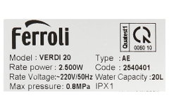 Máy nước nóng gián tiếp Ferroli VERDI-AE 20L