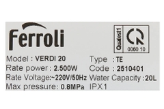 Máy nước nóng gián tiếp Ferroli VERDI 20L TE