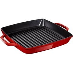 Chảo gang nướng vuông STAUB 2 quai màu đỏ cherry - 28x28cm (2.3L)