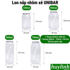 Lon nhựa PET nắp nhôm xé Unibar size 330 - 500 - 700ml dùng cho UB-1S