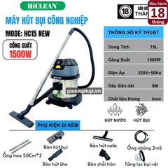 Máy hút bụi công nghiệp khô và ướt Hiclean HC15 New - 15 lít - Công suất 1500W