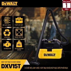 Máy hút bụi mini 3 chức năng Dewalt DXV15T - 15 lít - 1.8hp - hút bụi khô - ướt - thổi bụi